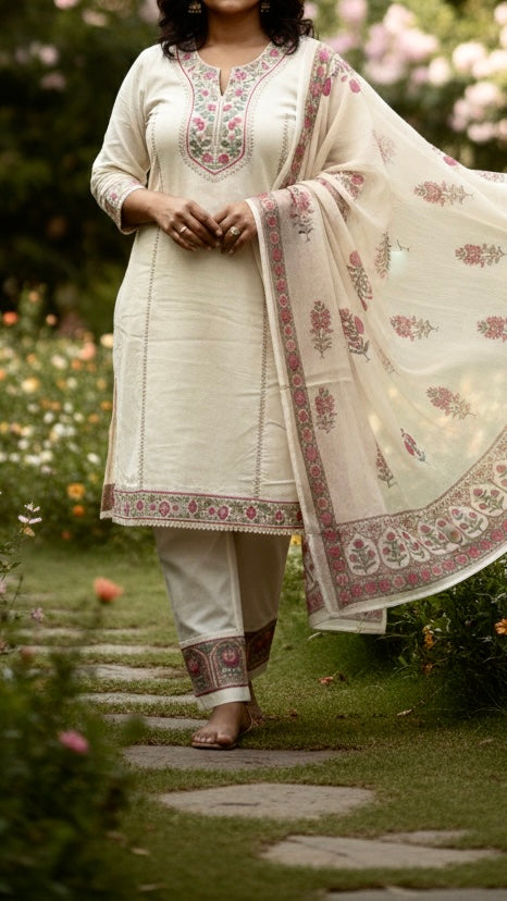 Khadi cotton embroidered kurta set with duppata