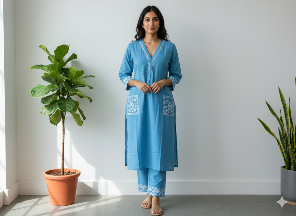 Cotton-embroidered coord set/kurta pant