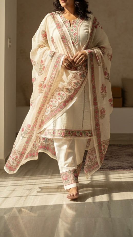 Khadi cotton embroidered kurta set with duppata