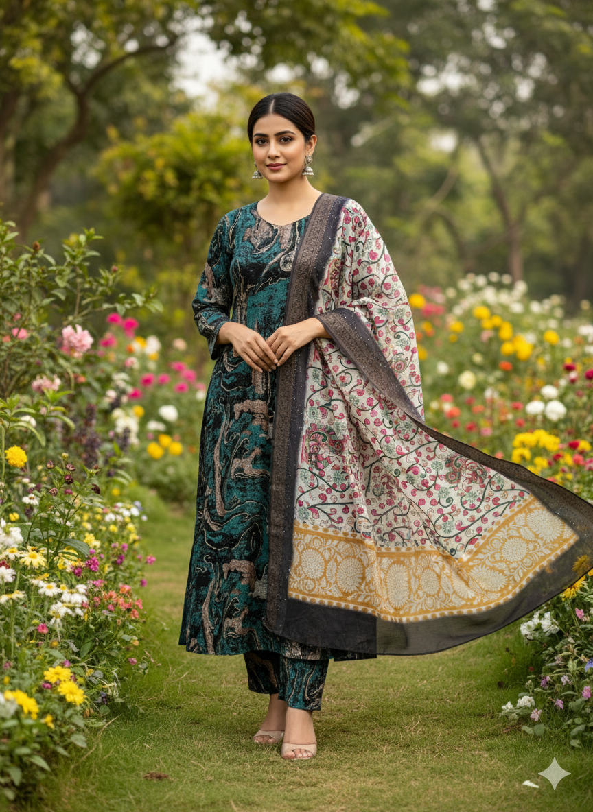 Women kurti set with duppata/ marble print