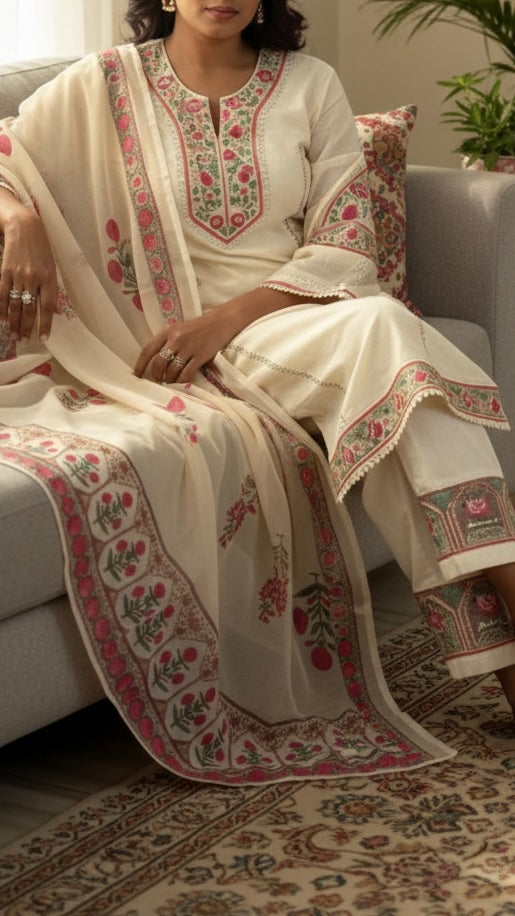 Khadi cotton embroidered kurta set with duppata