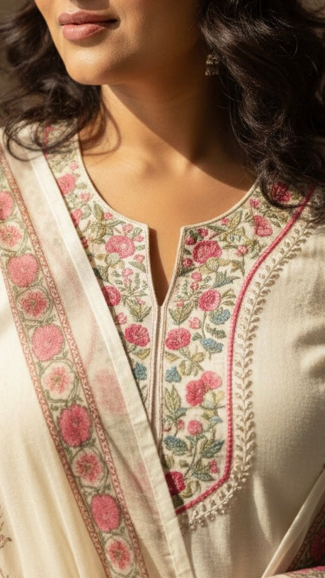 Khadi cotton embroidered kurta set with duppata