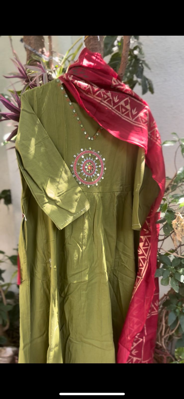 Olive Green Embroidered Kurta Set with Maroon Dupatta – Festive Ethnic Wear for Women