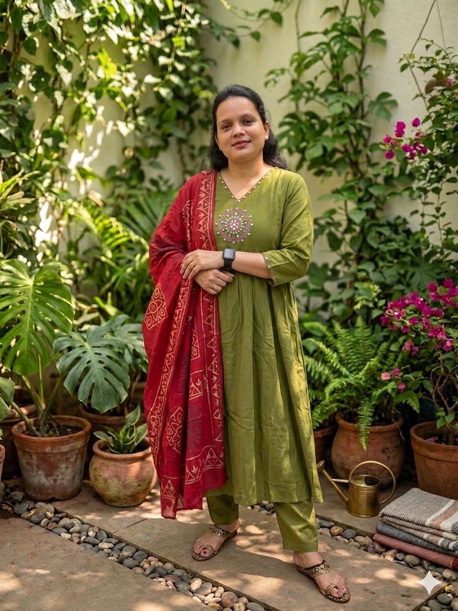 Olive Green Embroidered Kurta Set with Maroon Dupatta – Festive Ethnic Wear for Women