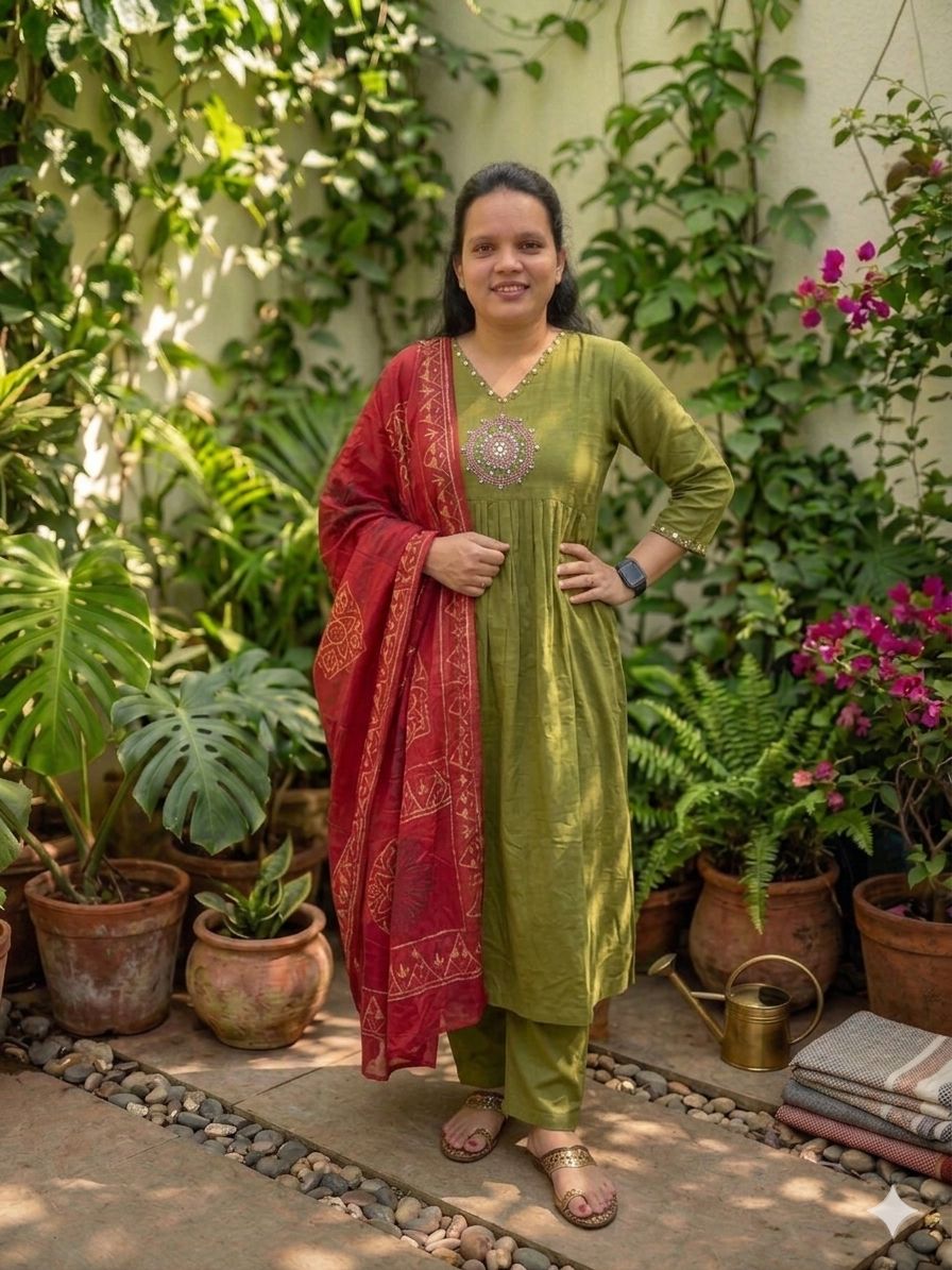 Olive Green Embroidered Kurta Set with Maroon Dupatta – Festive Ethnic Wear for Women