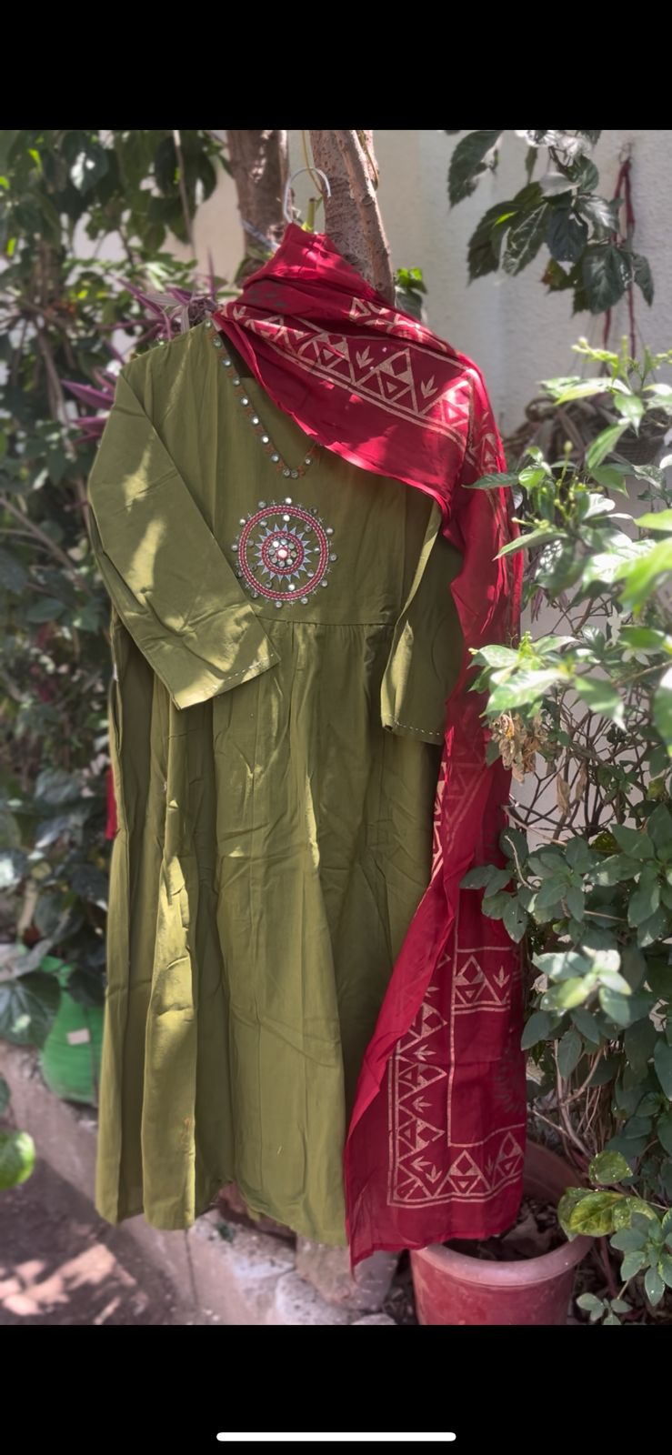 Olive Green Embroidered Kurta Set with Maroon Dupatta – Festive Ethnic Wear for Women