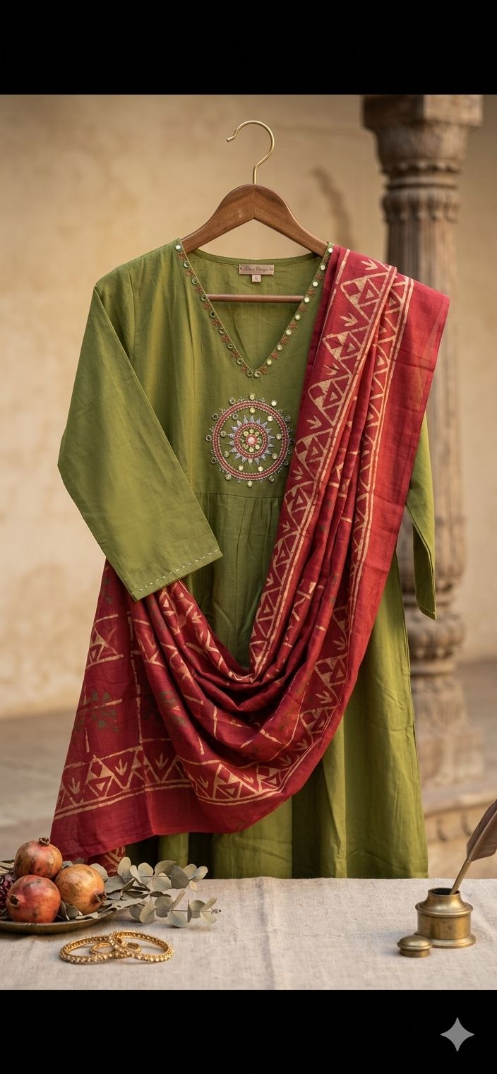 Olive Green Embroidered Kurta Set with Maroon Dupatta – Festive Ethnic Wear for Women